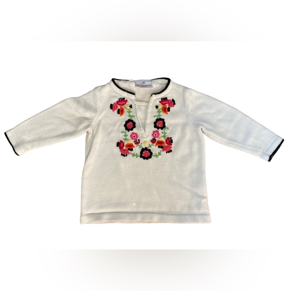 Hanna Andersson Kids Knit Sweater Embroidered Flower White Size 80 US Size 2